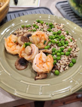 Quinoa and lentils meal prep with tipsy shrimp